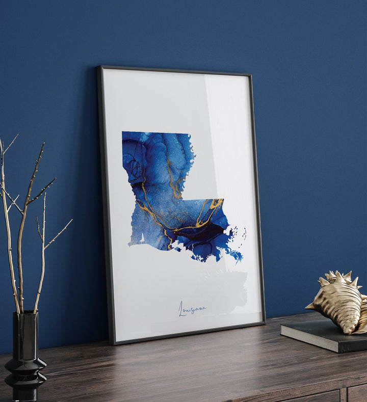 Louisiana Map Blue and Gold Wall Art Print | US State | United States of America | USA