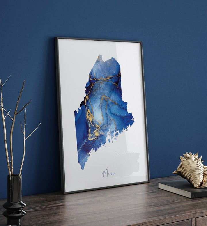 Maine Map Blue and Gold Wall Art Print | US State | United States of America | USA