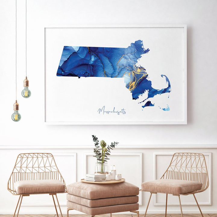 Massachusetts Map Blue and Gold Wall Art Print | US State | United States of America | USA