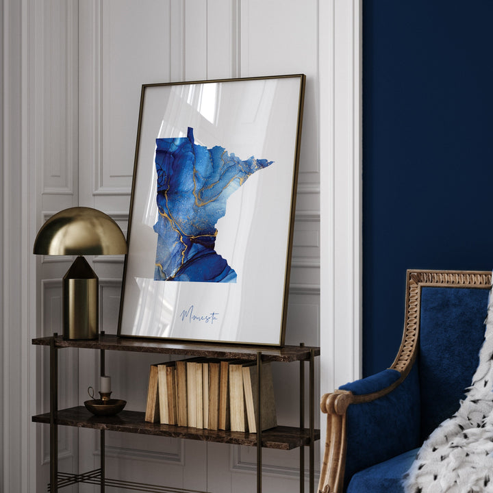 Minnesota Map Blue and Gold Wall Art Print | US State | United States of America | USA