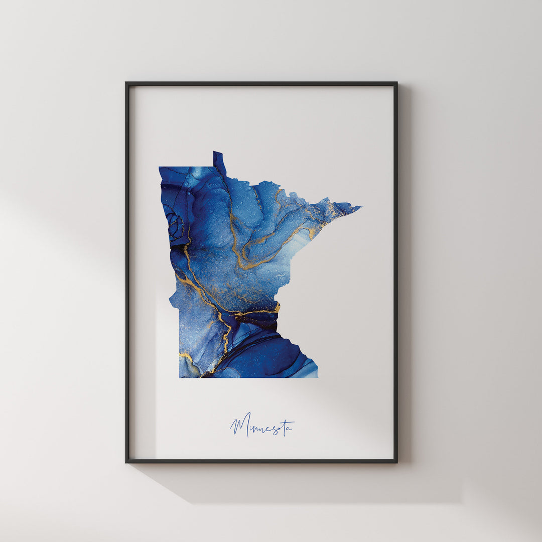 Minnesota Map Blue and Gold Wall Art Print | US State | United States of America | USA