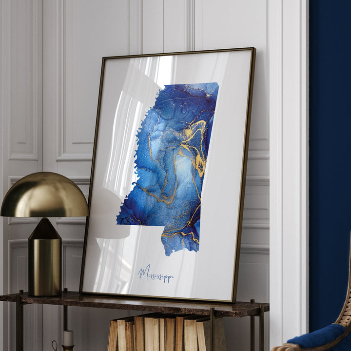 Mississippi Map Blue and Gold Wall Art Print | US State | United States of America | USA