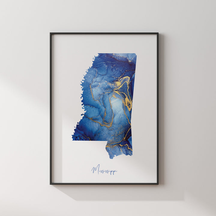 Mississippi Map Blue and Gold Wall Art Print | US State | United States of America | USA