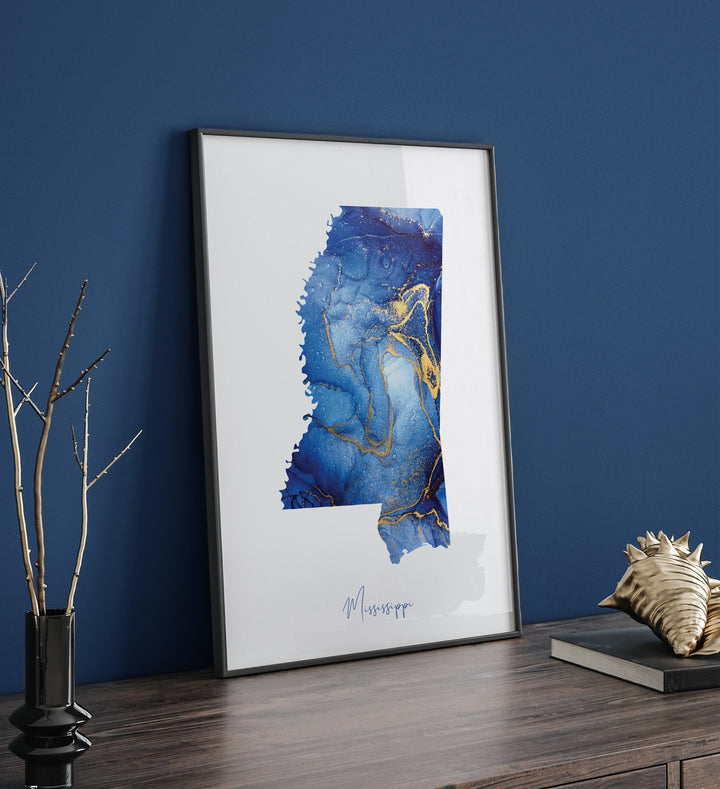 Mississippi Map Blue and Gold Wall Art Print | US State | United States of America | USA