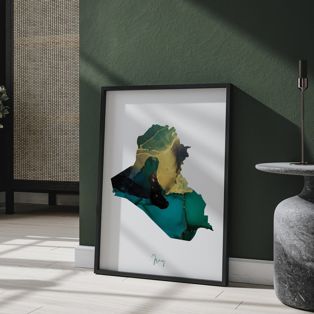 Iraq Map Emerald Green and Gold Wall Art Print