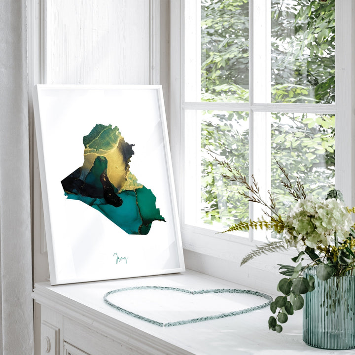 Iraq Map Emerald Green and Gold Wall Art Print