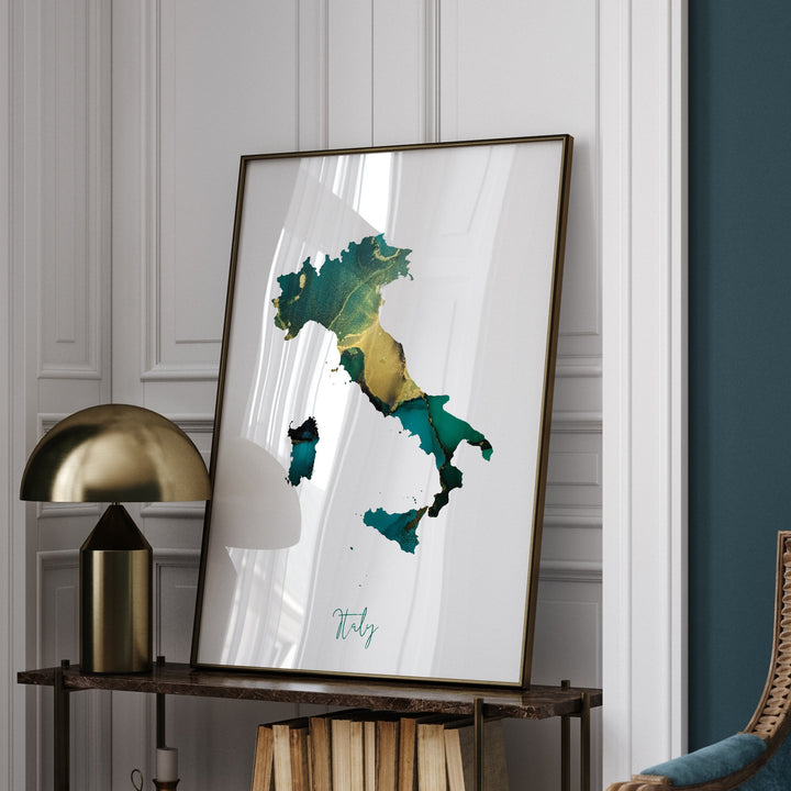 Italy Map Emerald Green and Gold Wall Art Print
