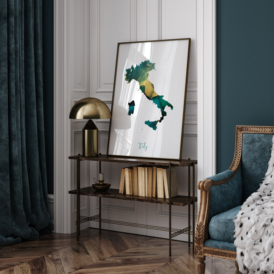Italy Map Emerald Green and Gold Wall Art Print