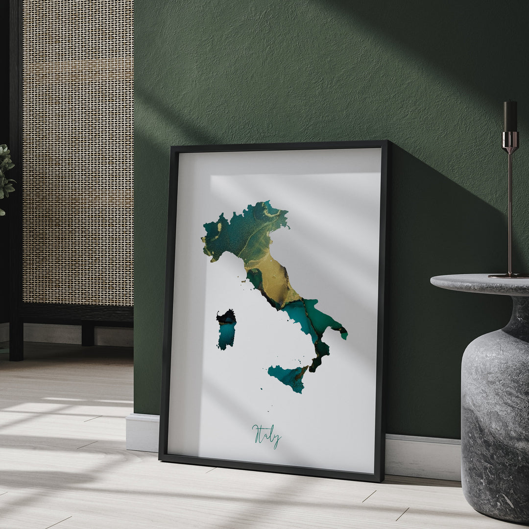 Italy Map Emerald Green and Gold Wall Art Print