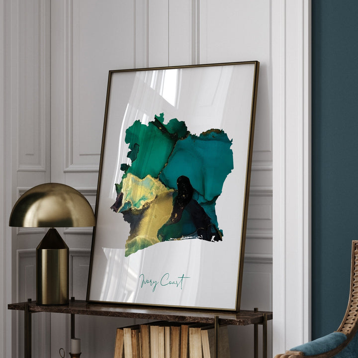 Ivory Coast Map Emerald Green and Gold Wall Art Print
