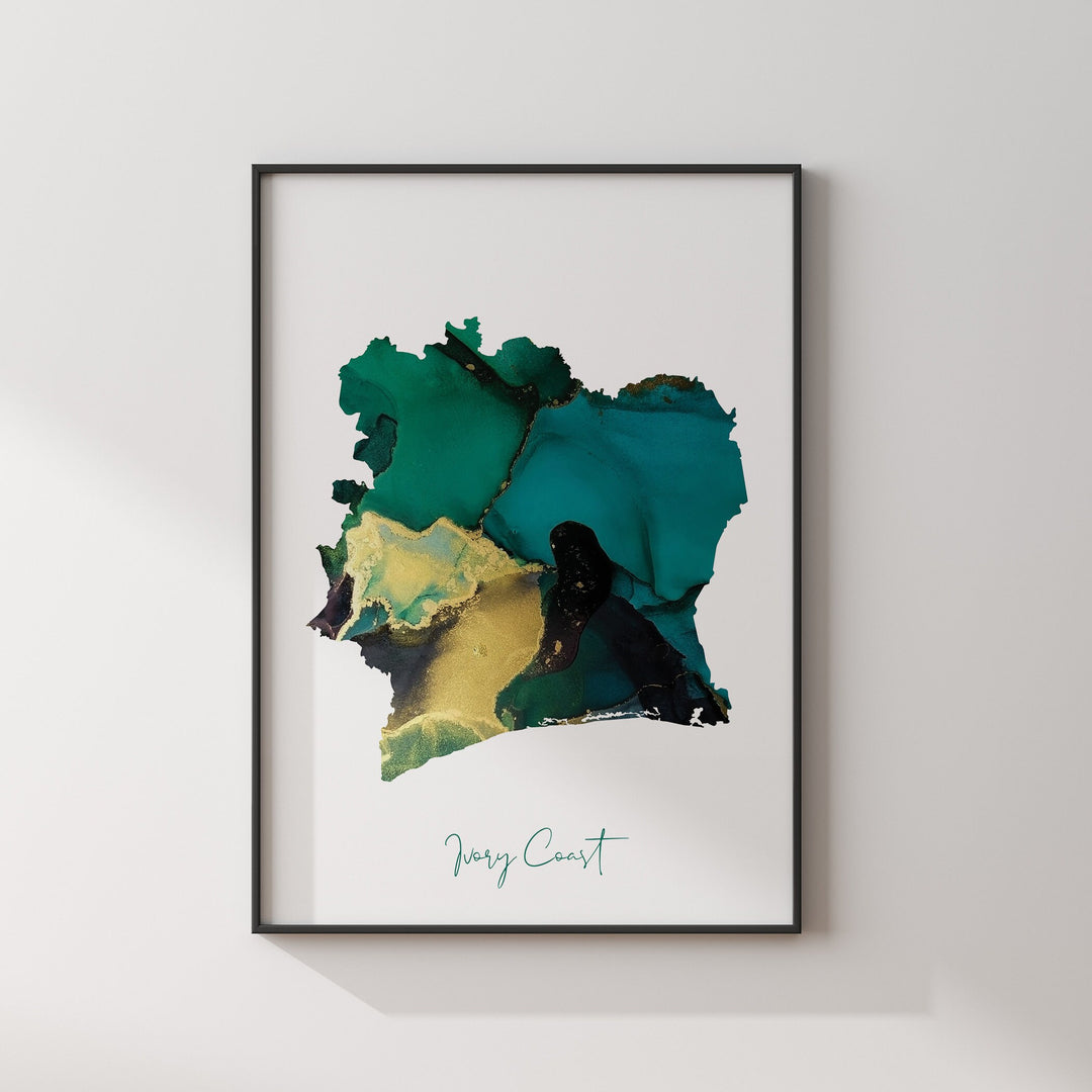 Ivory Coast Map Emerald Green and Gold Wall Art Print