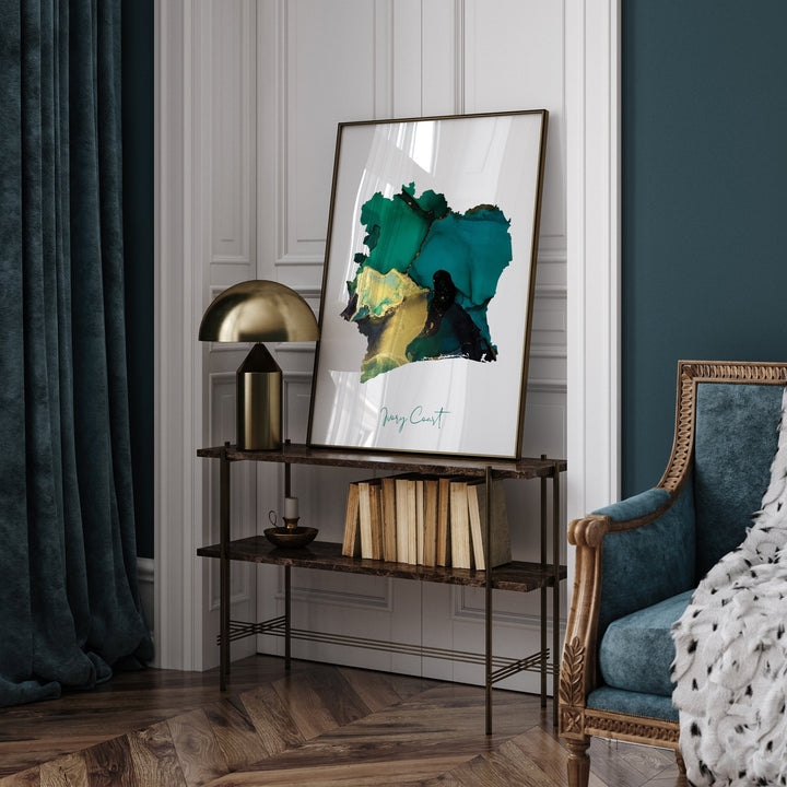Ivory Coast Map Emerald Green and Gold Wall Art Print