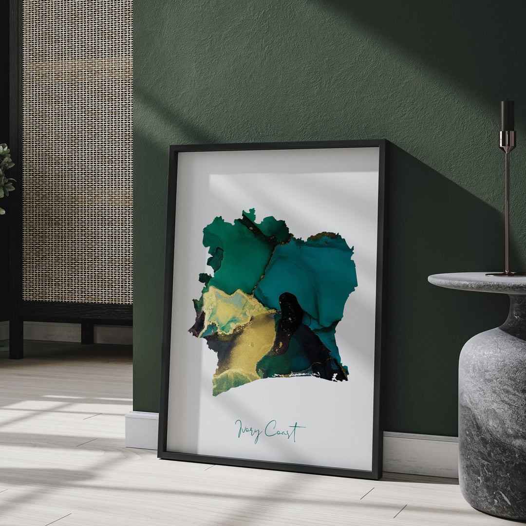 Ivory Coast Map Emerald Green and Gold Wall Art Print