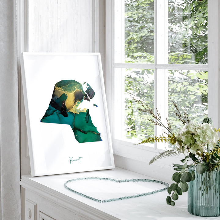 Kuwait Map Emerald Green and Gold Wall Art Print