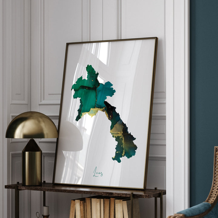 Laos Map Emerald Green and Gold Wall Art Print