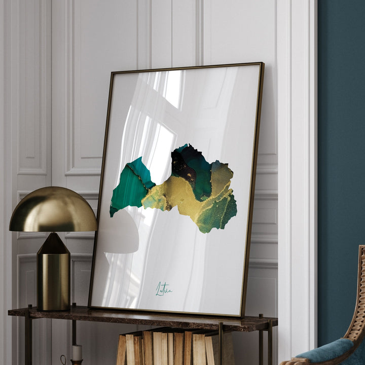 Latvia Map Emerald Green and Gold Wall Art Print