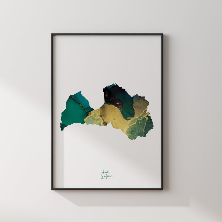 Latvia Map Emerald Green and Gold Wall Art Print