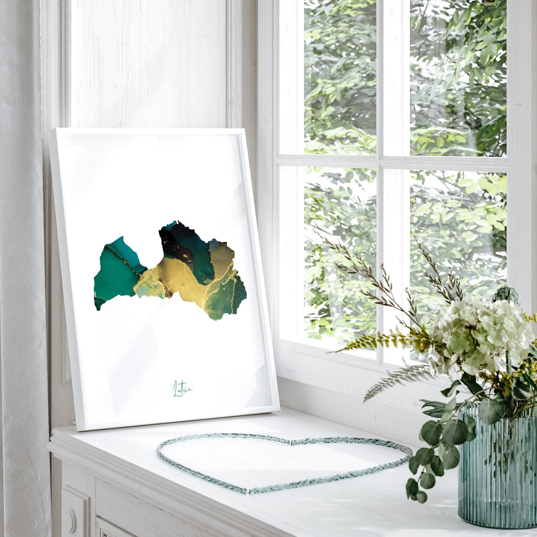 Latvia Map Emerald Green and Gold Wall Art Print