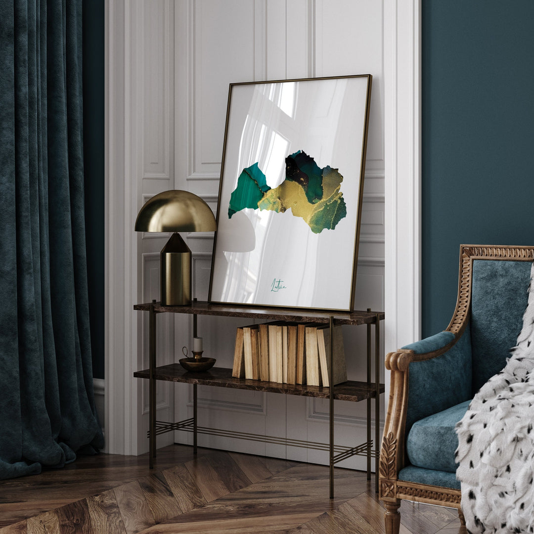 Latvia Map Emerald Green and Gold Wall Art Print