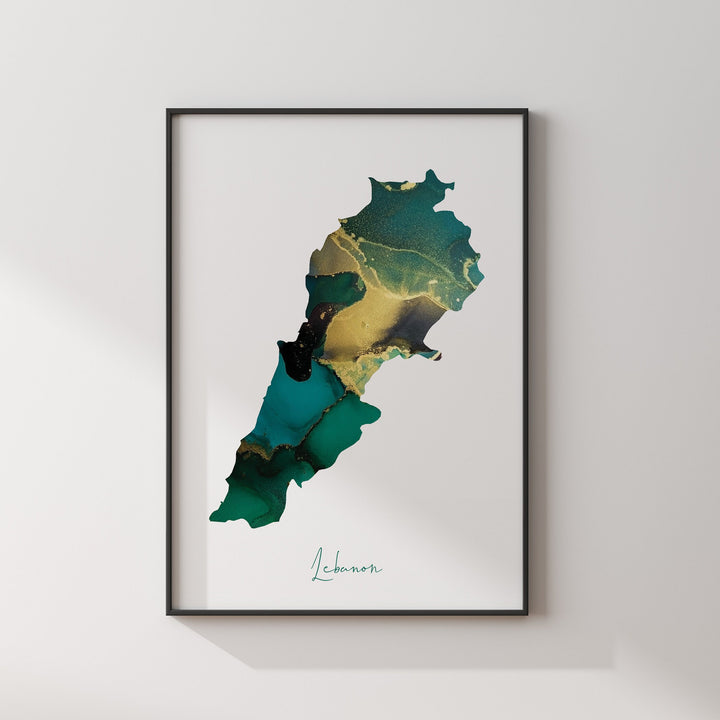 Lebanon Map Emerald Green and Gold Wall Art Print