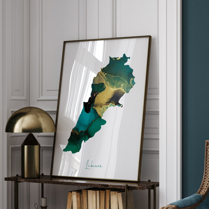 Lebanon Map Emerald Green and Gold Wall Art Print