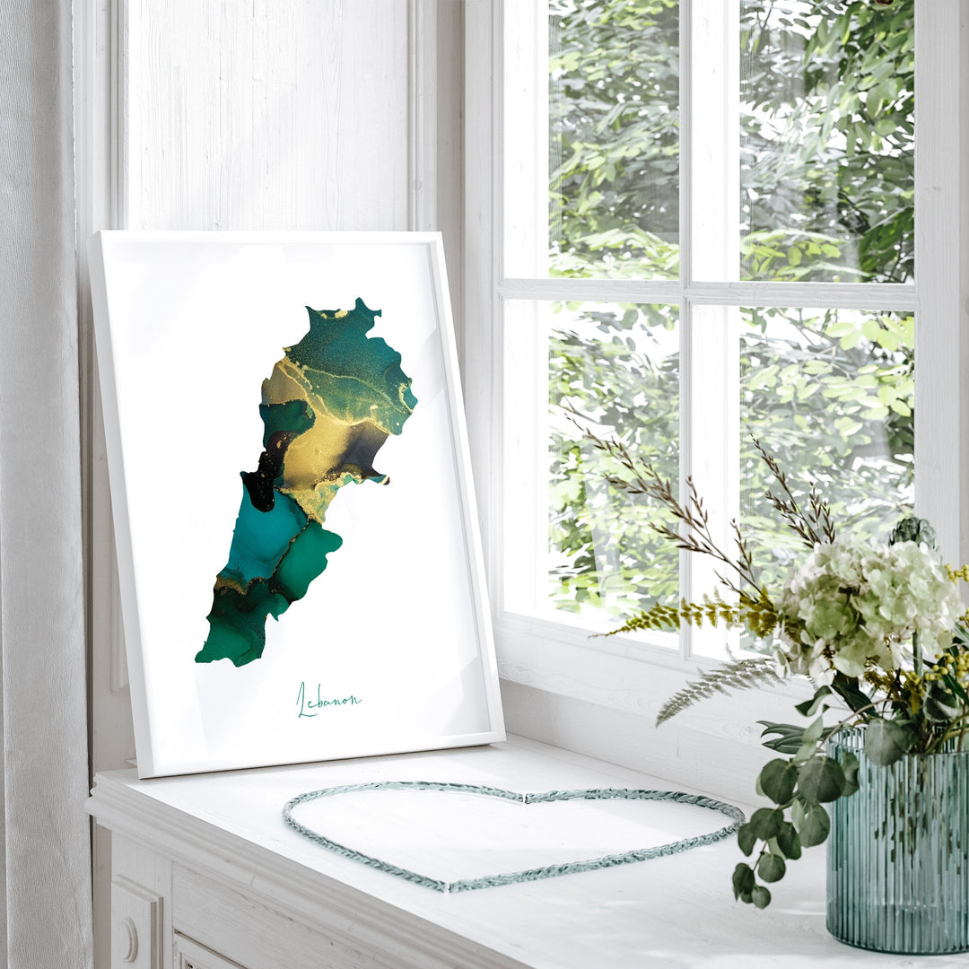 Lebanon Map Emerald Green and Gold Wall Art Print