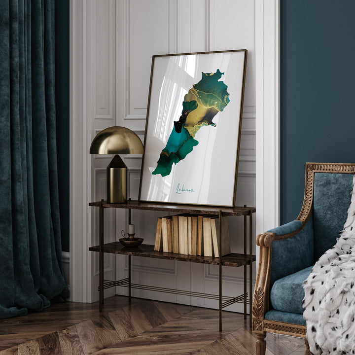 Lebanon Map Emerald Green and Gold Wall Art Print