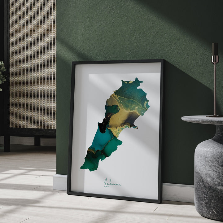 Lebanon Map Emerald Green and Gold Wall Art Print