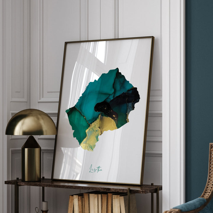 Lesotho Map Emerald Green and Gold Wall Art Print
