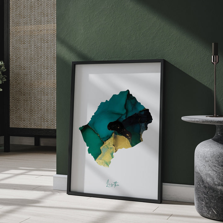 Lesotho Map Emerald Green and Gold Wall Art Print