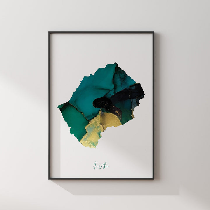 Lesotho Map Emerald Green and Gold Wall Art Print
