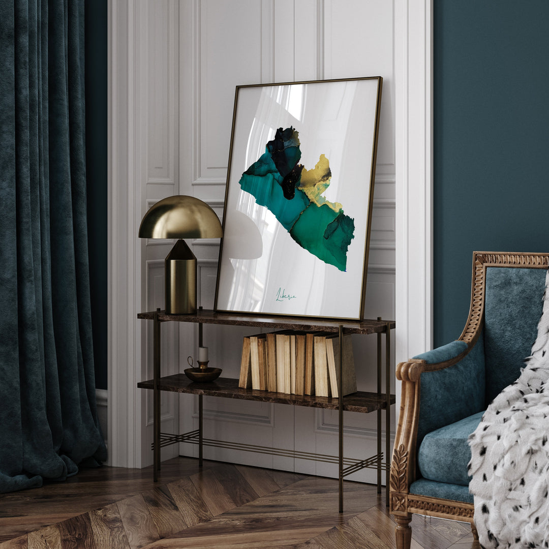 Liberia Map Emerald Green and Gold Wall Art Print