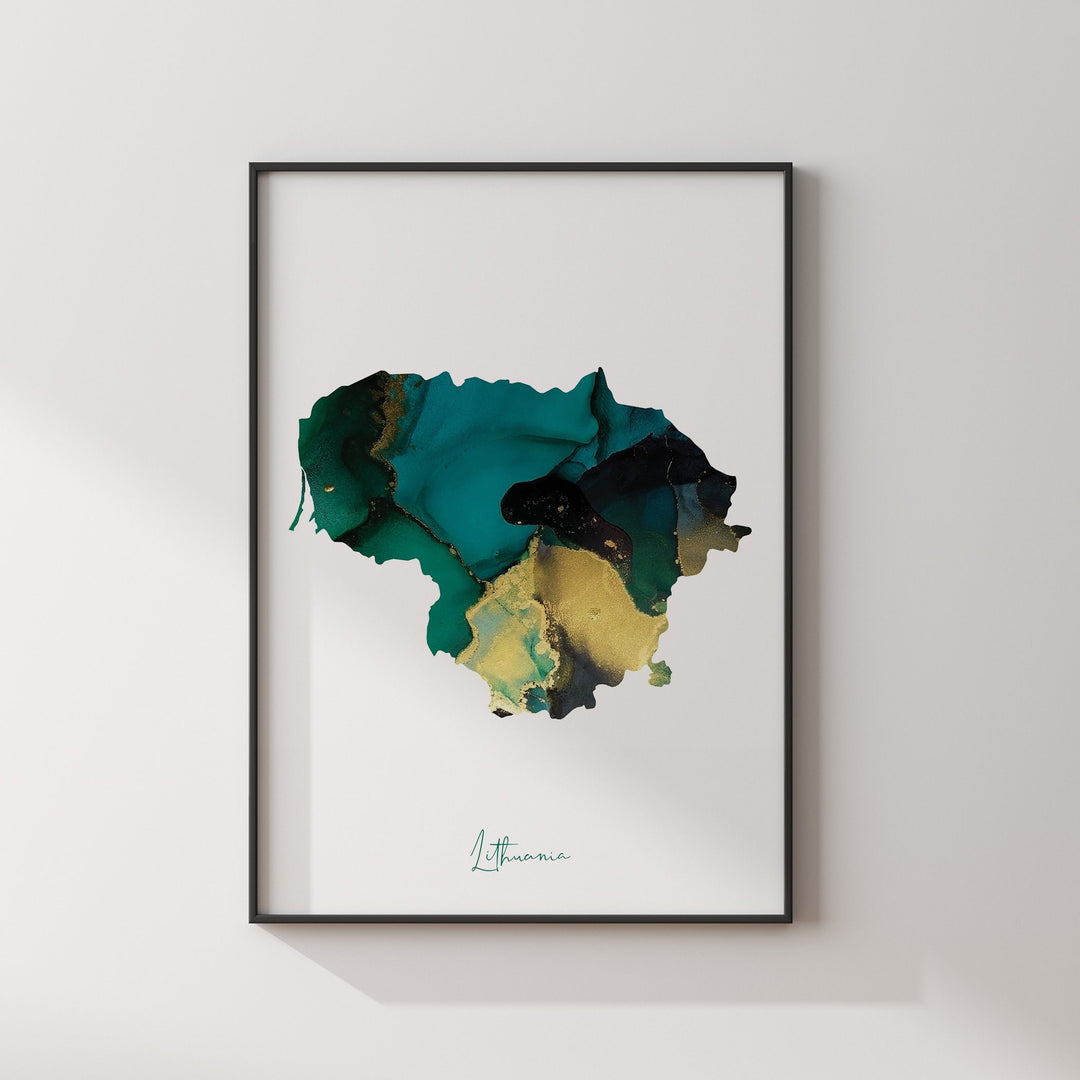 Lithuania Map Emerald Green and Gold Wall Art Print