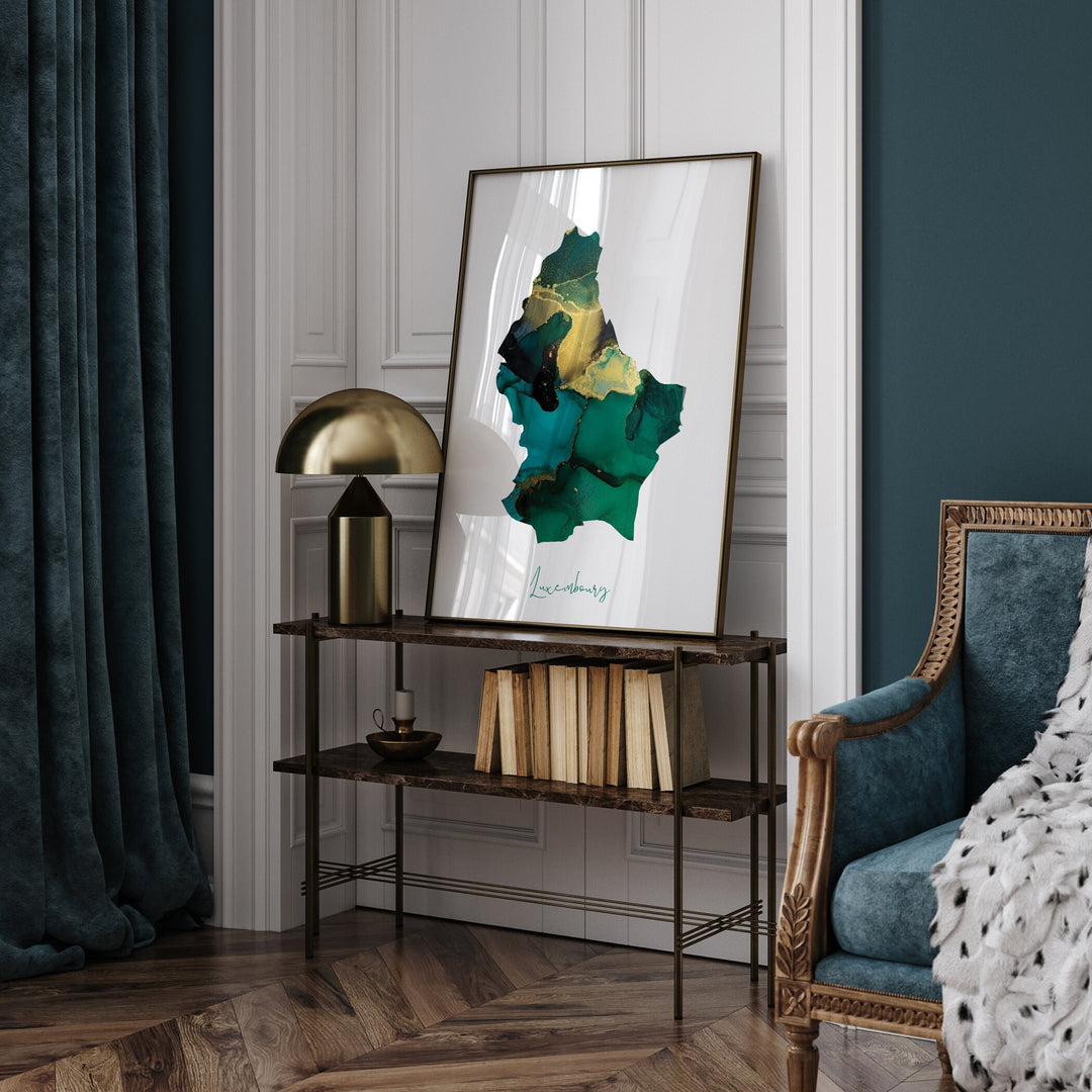 Luxembourg Map Emerald Green and Gold Wall Art Print