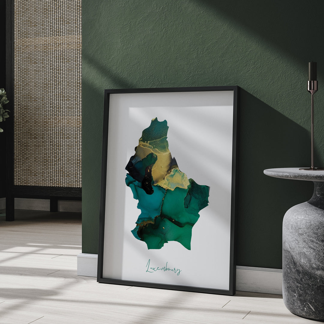 Luxembourg Map Emerald Green and Gold Wall Art Print