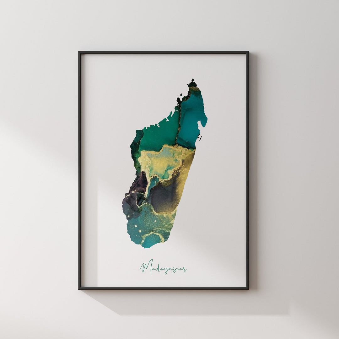 Madagascar Map Emerald Green and Gold Wall Art Print