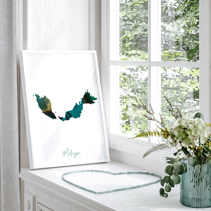 Malaysia Map Emerald Green and Gold Wall Art Print