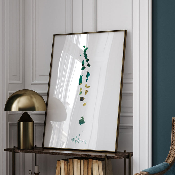 Maldives Map Emerald Green and Gold Wall Art Print