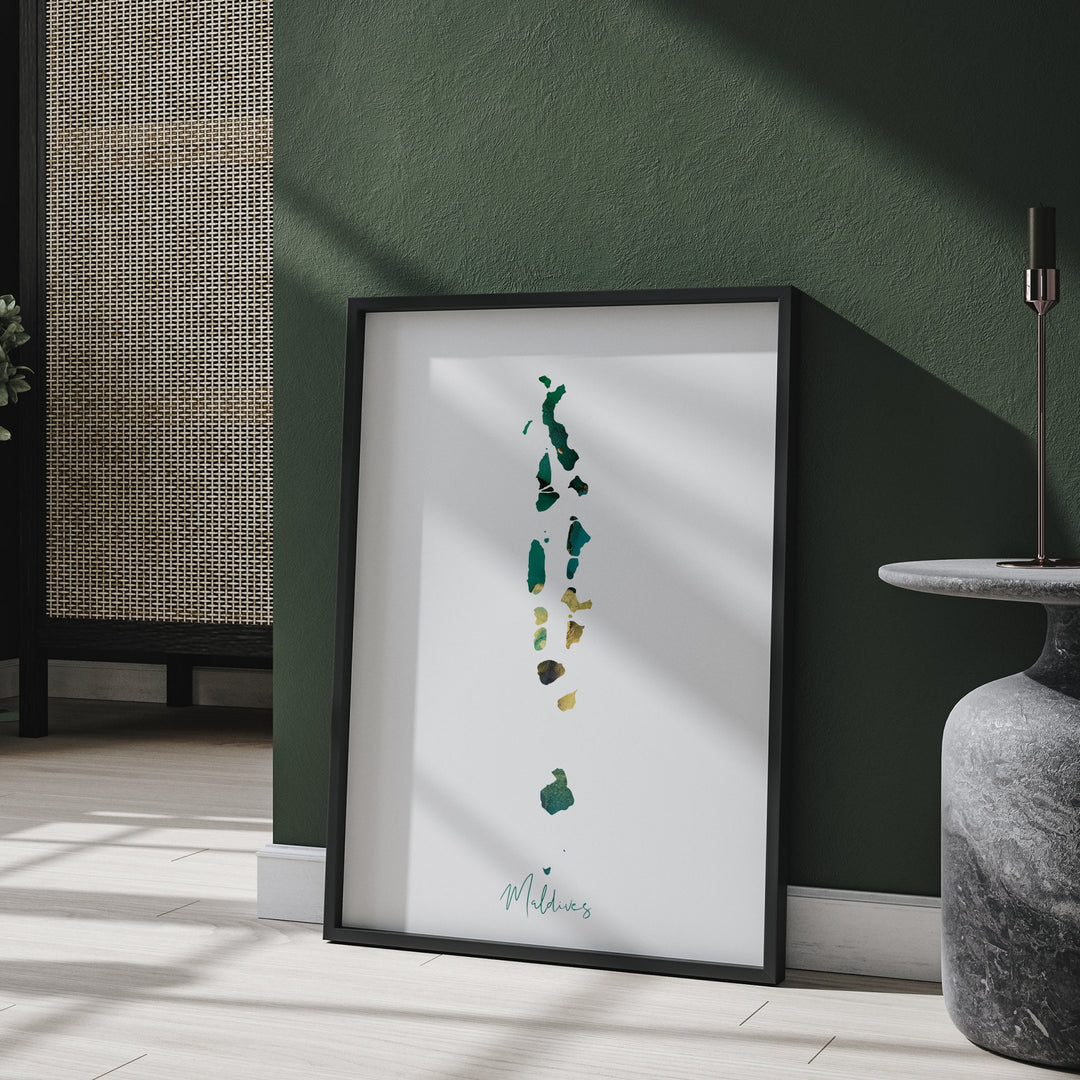 Maldives Map Emerald Green and Gold Wall Art Print