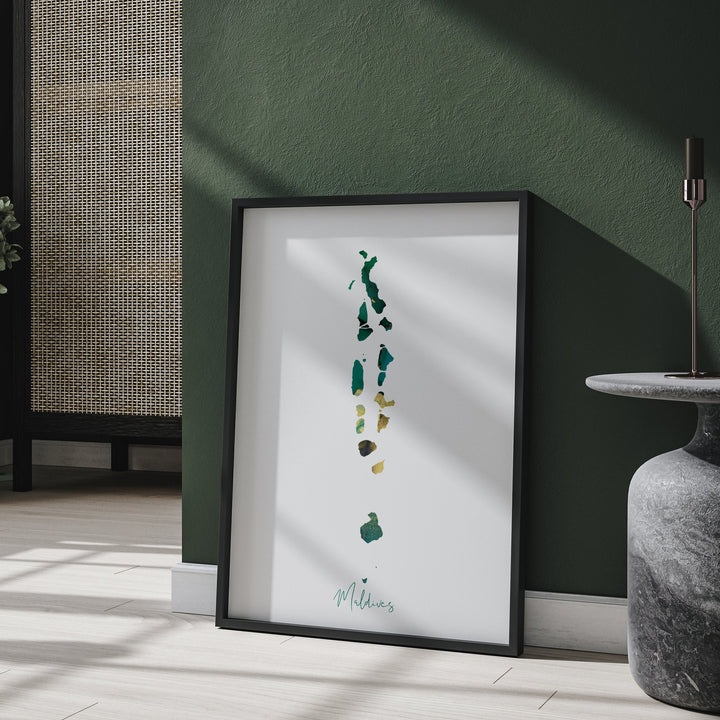 Maldives Map Emerald Green and Gold Wall Art Print