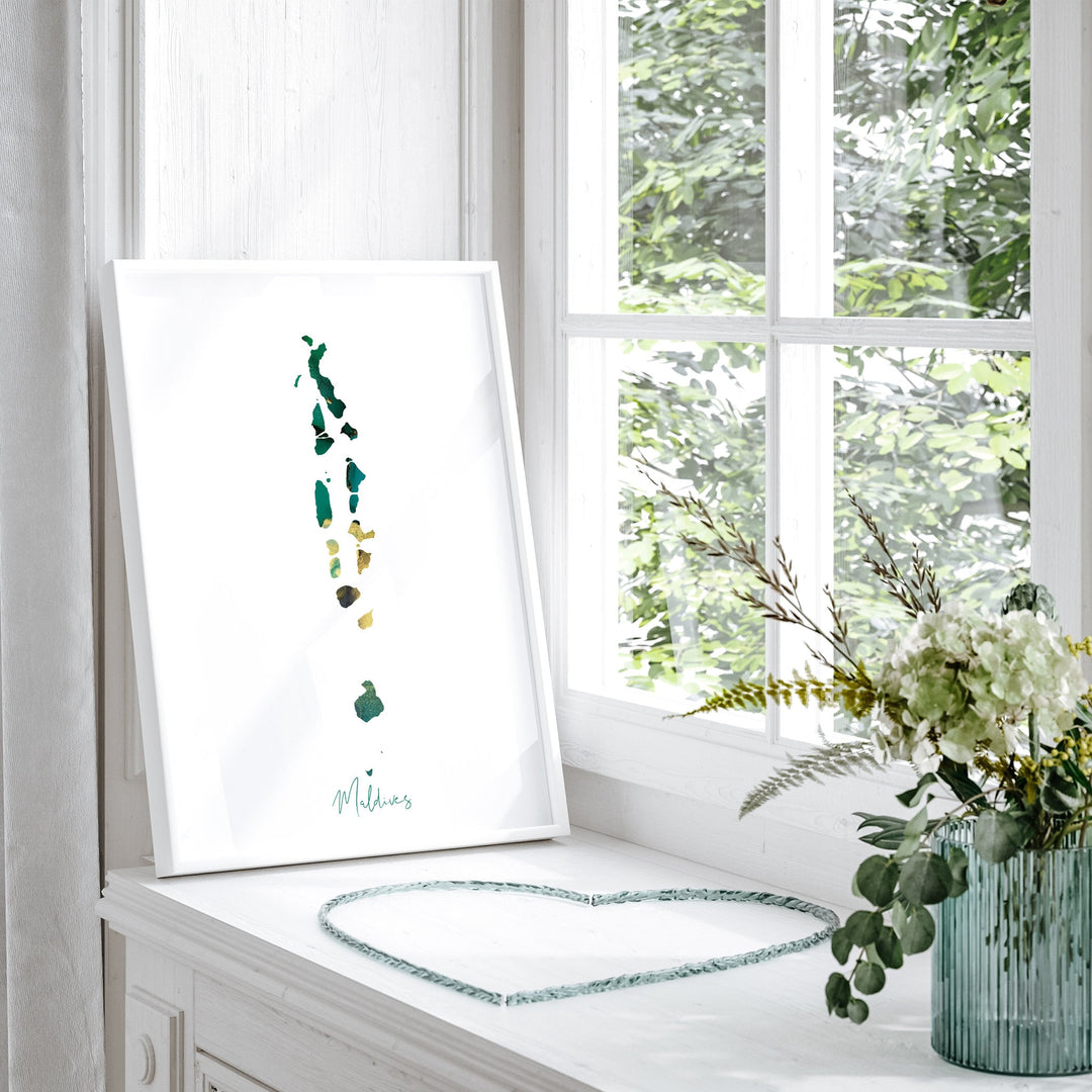 Maldives Map Emerald Green and Gold Wall Art Print