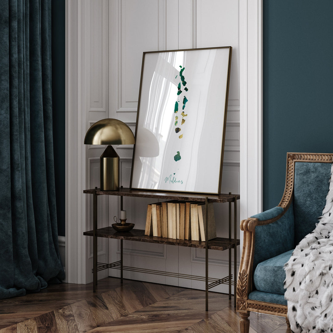 Maldives Map Emerald Green and Gold Wall Art Print