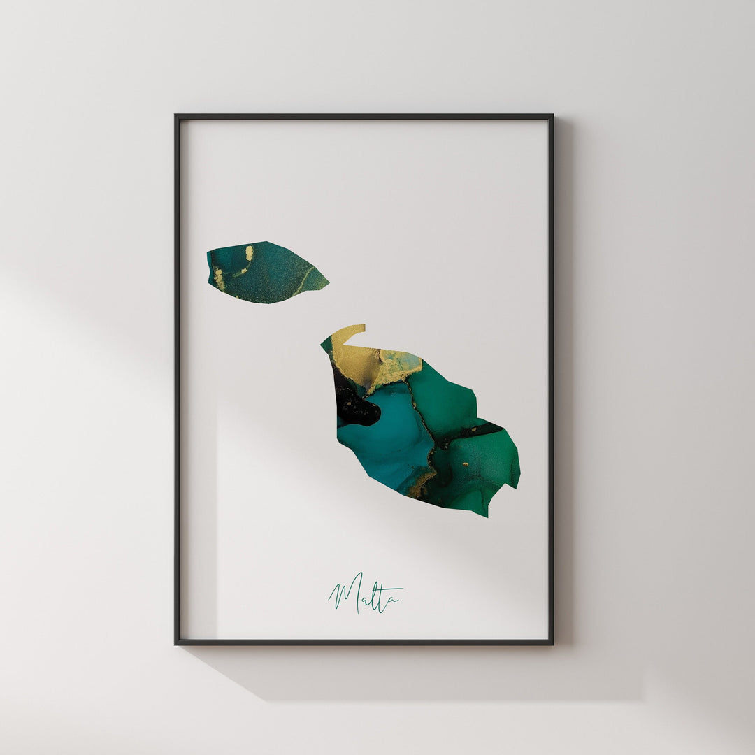 Malta Map Emerald Green and Gold Wall Art Print