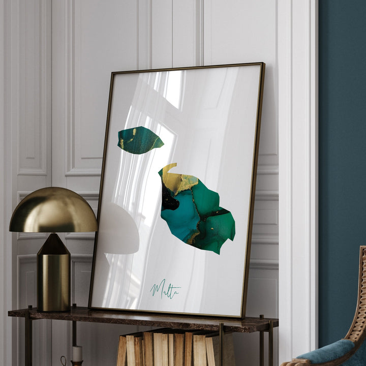 Malta Map Emerald Green and Gold Wall Art Print