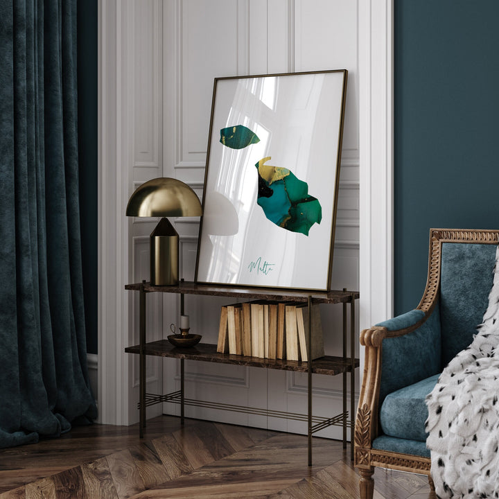 Malta Map Emerald Green and Gold Wall Art Print