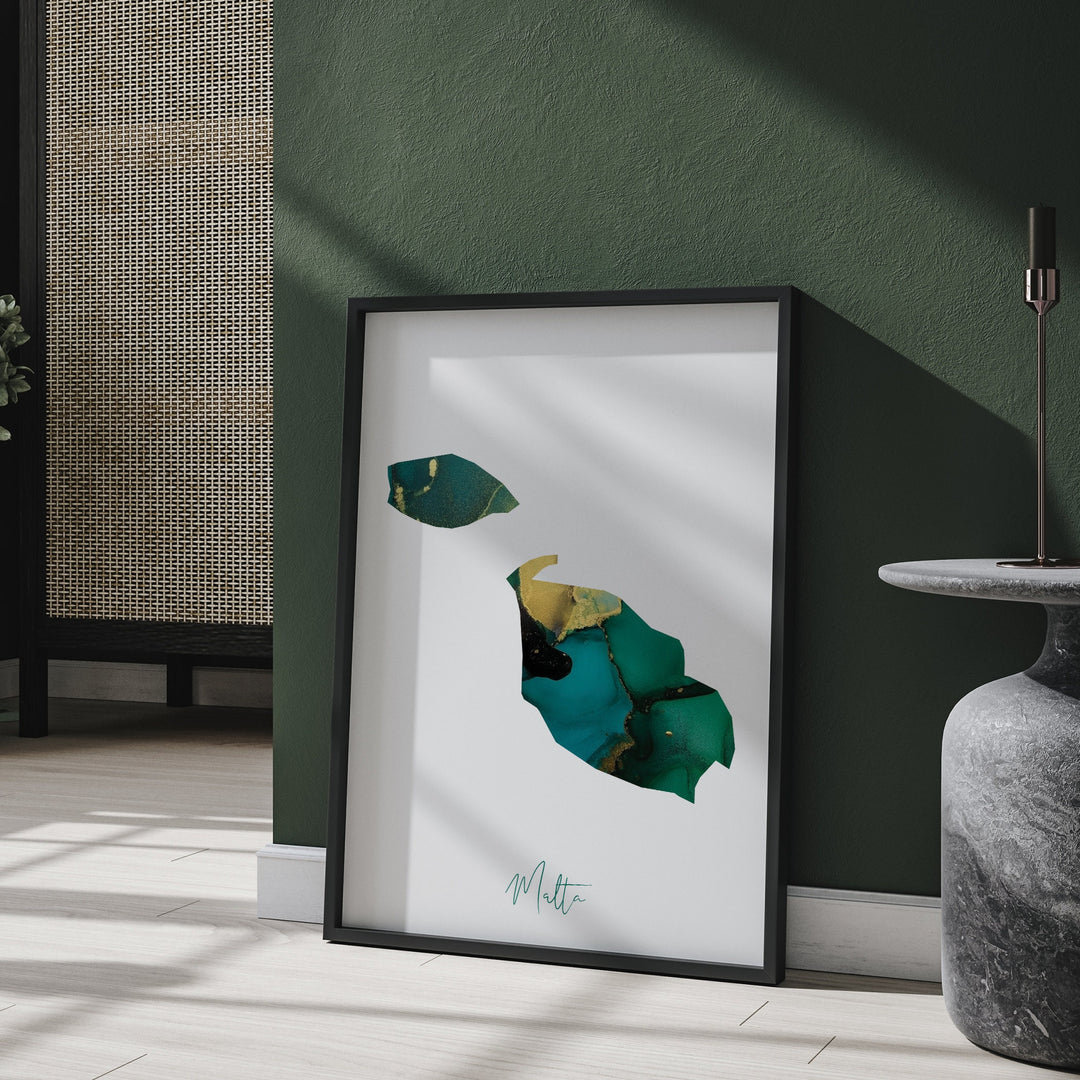 Malta Map Emerald Green and Gold Wall Art Print