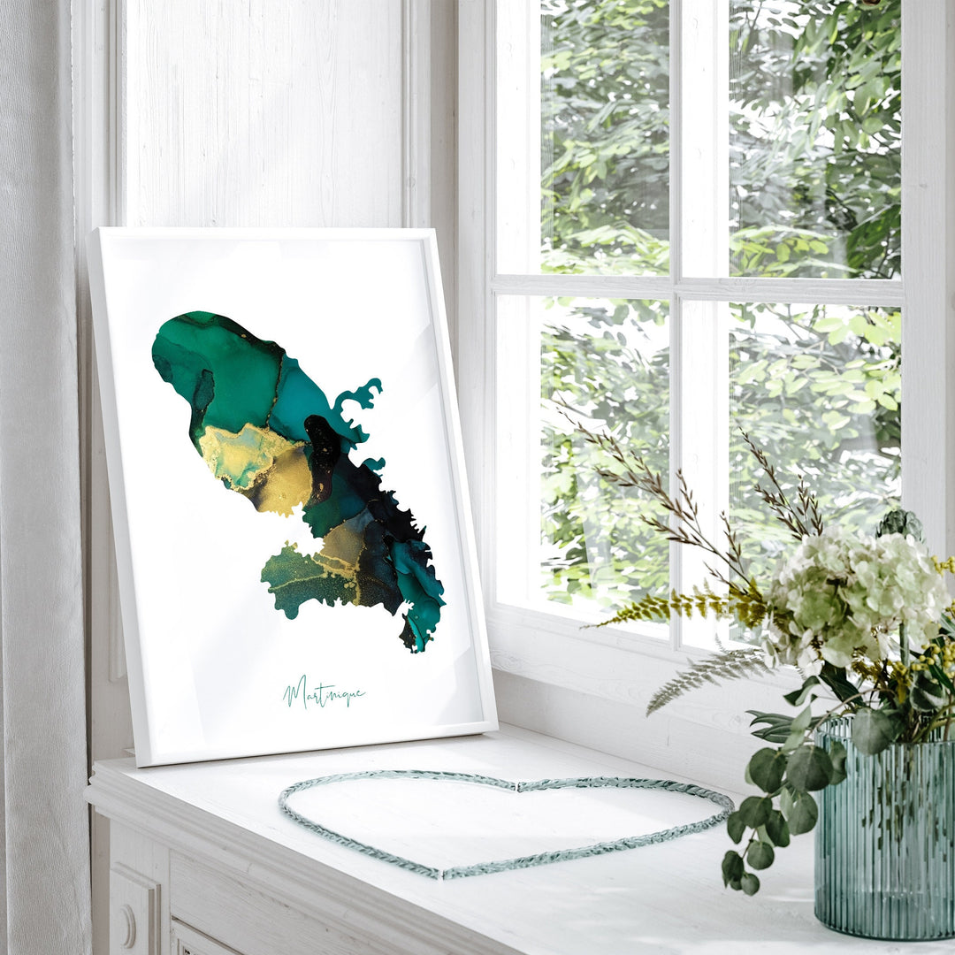 Martinique Map Emerald Green and Gold Wall Art Print