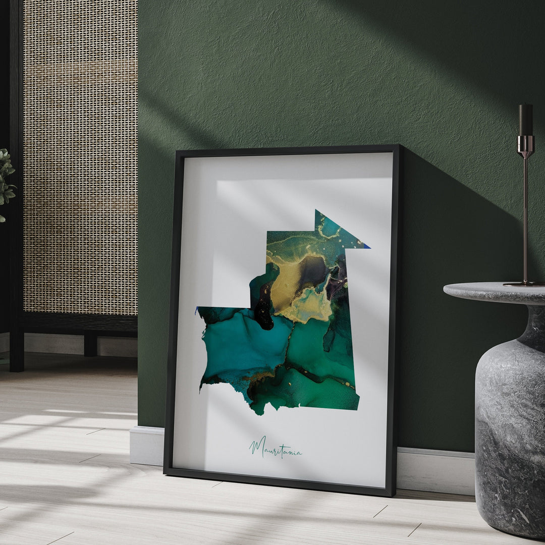 Mauritania Map Emerald Green and Gold Wall Art Print