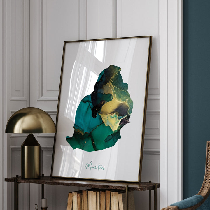 Mauritius Map Emerald Green and Gold Wall Art Print