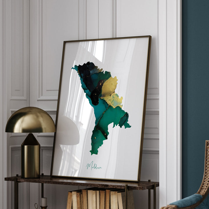 Moldova Map Emerald Green and Gold Wall Art Print